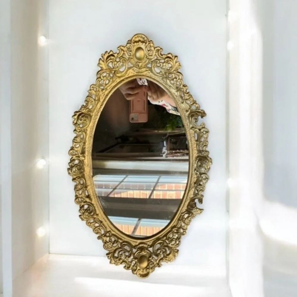 Vintage gold ornate oval wall mirror or vanity tray by Robert Emig 1960